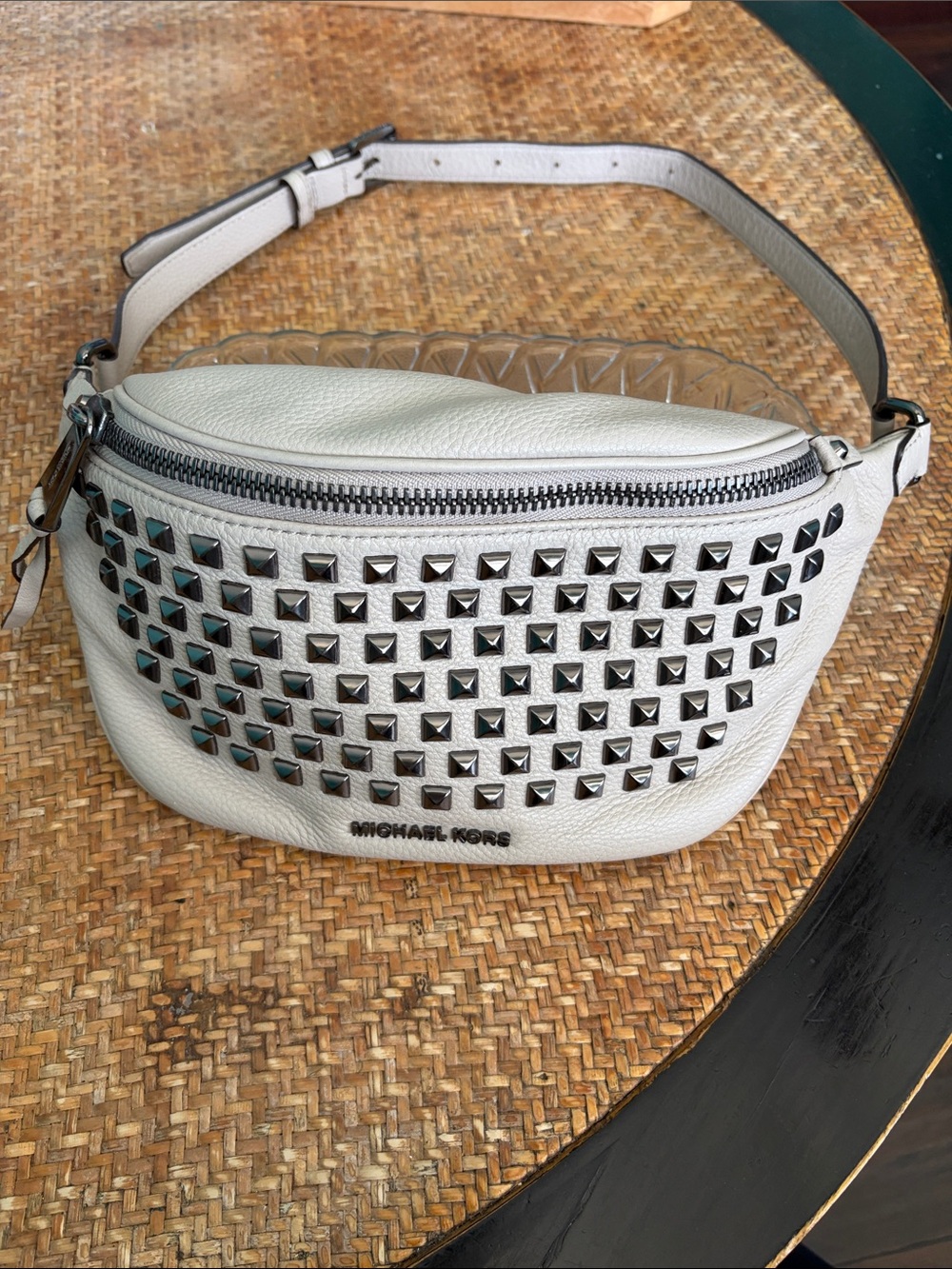 Michael Kors Cream Leather Studded Belt Bag with Silver Hardware